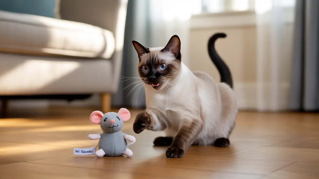 A Siamese cat playfully interacting with a small gray stuffed mouse toy named Mr. Squeaky