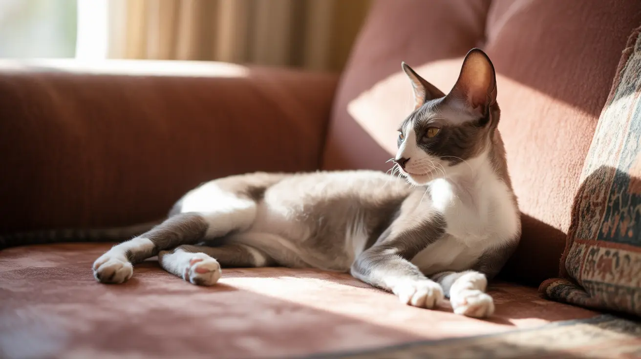 A Siamese cat resting comfortably on a plush sofa, bathed in soft sunlight.