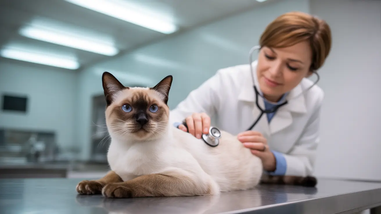 A Siamese cat receiving a veterinary examination on a metal examination table