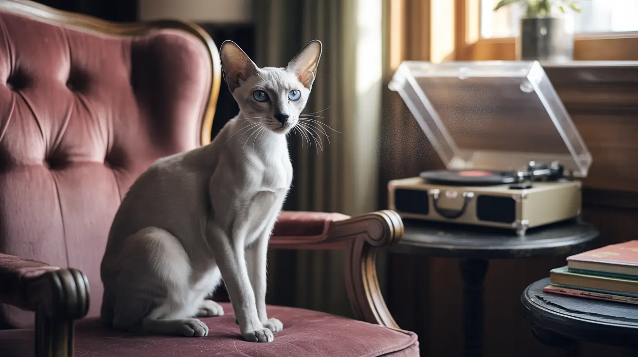 A sleek Siamese cat sitting on a pink velvet armchair near a vintage record player
