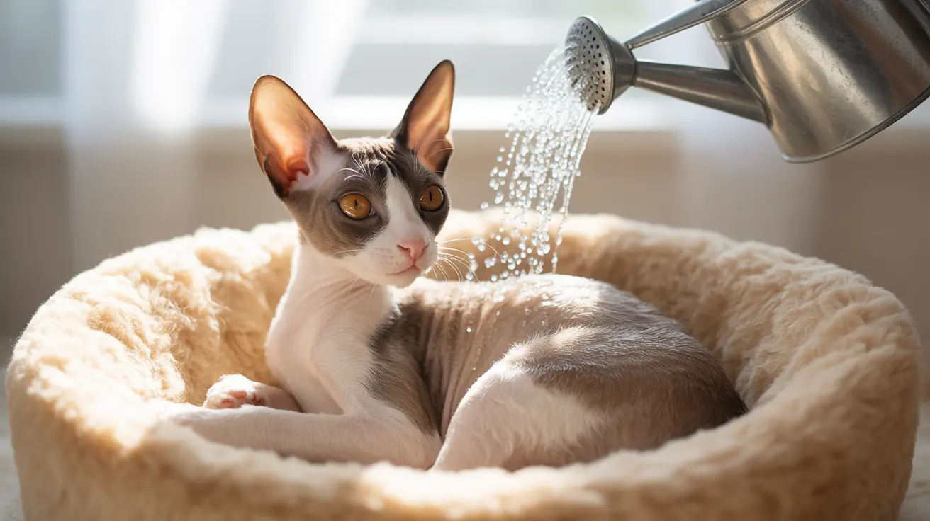 Un gato siamés siendo regado suavemente con una regadera de metal mientras está sentado en una cama para mascotas suave de color crema.