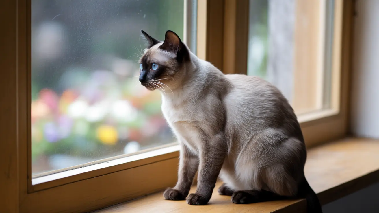 A beautiful Siamese cat sitting on a windowsill, gazing out with piercing blue eyes