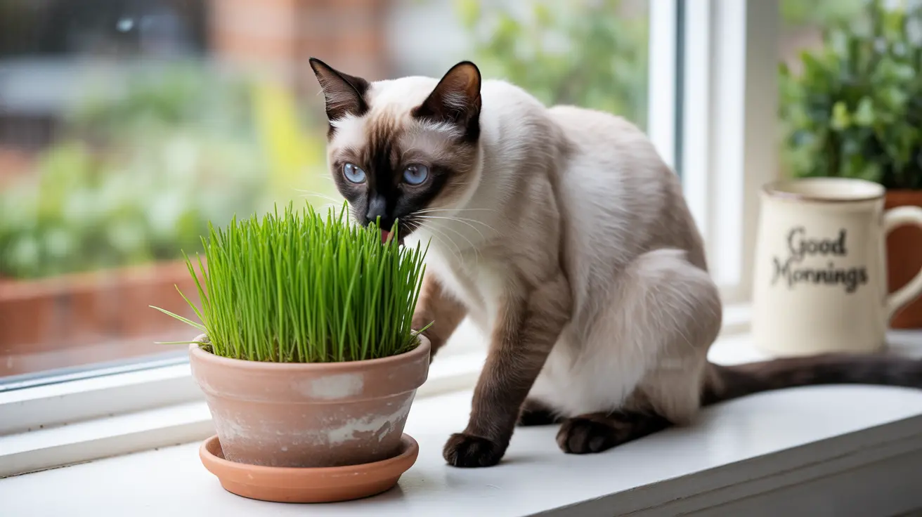 Siamese cat sitting on a windowsill next to a pot of fresh green grass and a Good Mornings mug