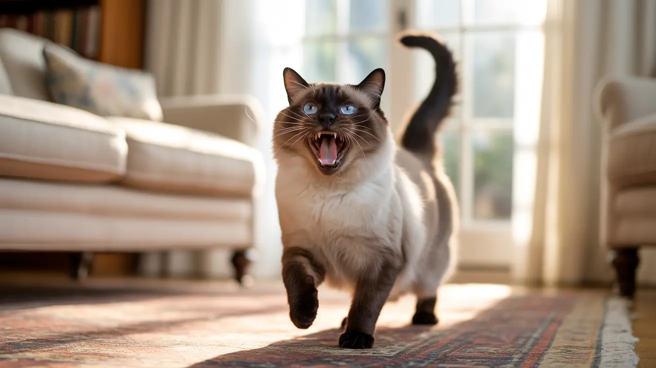 Un gato siamés bostezando o maullando dramáticamente mientras camina sobre una alfombra con patrón en una sala iluminada por el sol