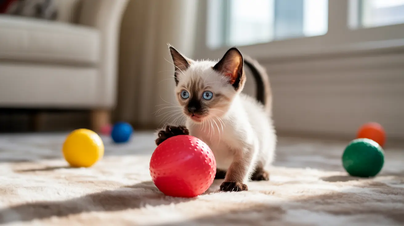 鮮やかな青い目をした遊び好きなシャムの子猫が、赤いボールの隣に色とりどりのおもちゃのボールと一緒に座っている様子