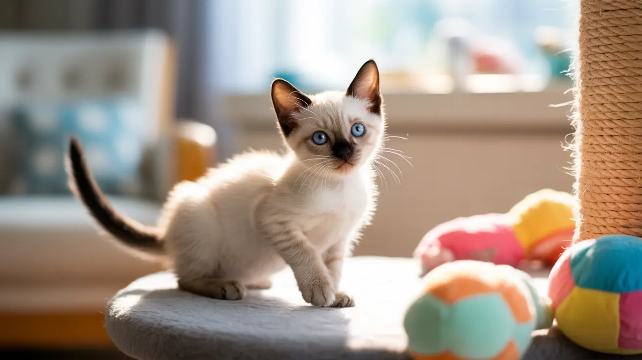 A young Siamese kitten sitting alertly on a gray cushion near colorful cat toys