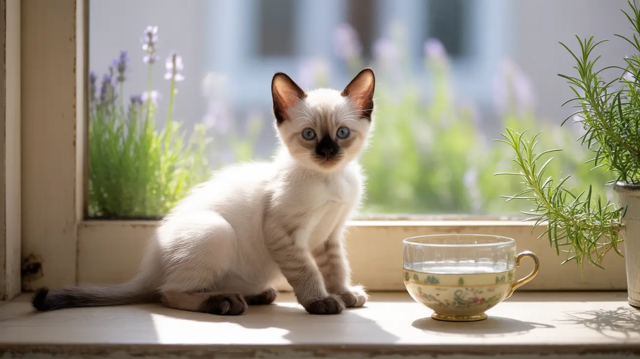 A young Siamese kitten sitting on a windowsill next to a decorative teacup and potted plants