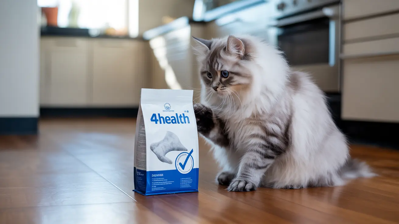 A fluffy white and gray Siberian cat sitting next to a 4health pet food bag in a modern kitchen