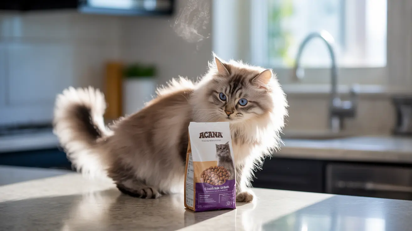 A fluffy Siberian cat sitting next to an Acana cat food bag in a modern kitchen