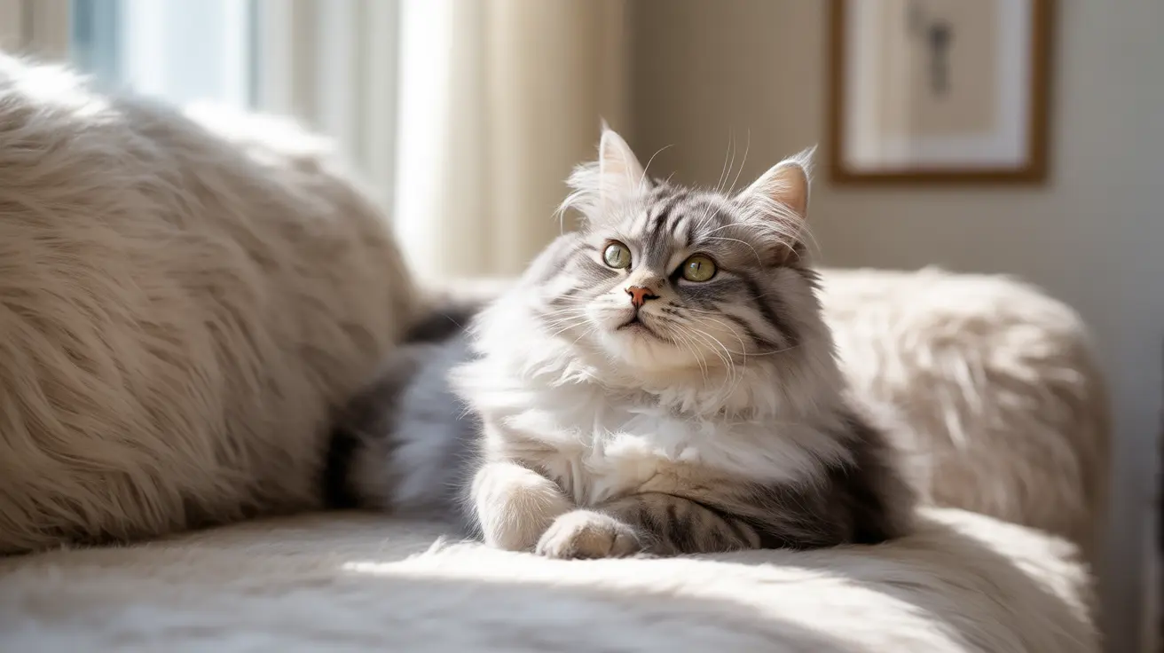 A fluffy white and gray Siberian cat lounging comfortably on a soft couch near a sunlit window
