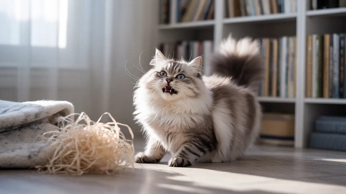 Fluffy white and gray Siberian cat displaying an angry expression near a tangled ball of yarn