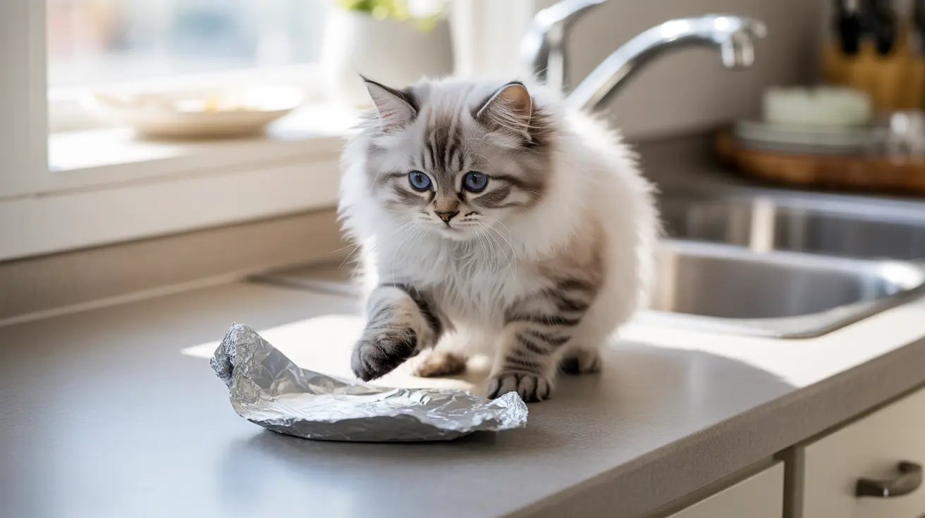 A fluffy white and gray Siberian cat sitting on a kitchen counter next to a crumpled piece of aluminum foil