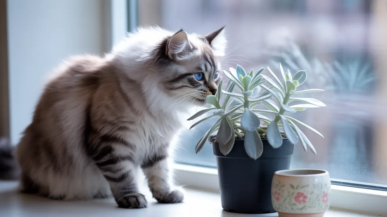 Un gato siberiano esponjoso sentado cerca de una planta suculenta en una maceta junto a una ventana