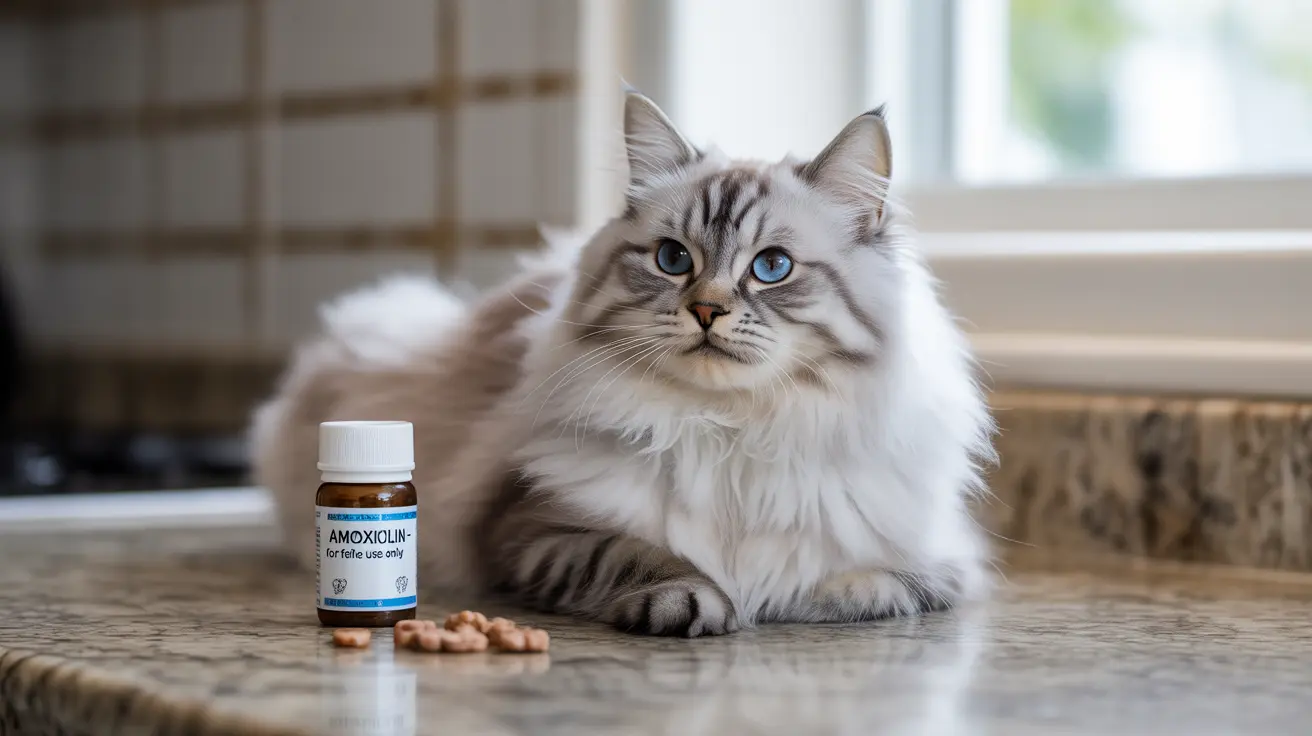 A fluffy white and gray Siberian cat sitting near a bottle of Amoxicillin medication and some small treats