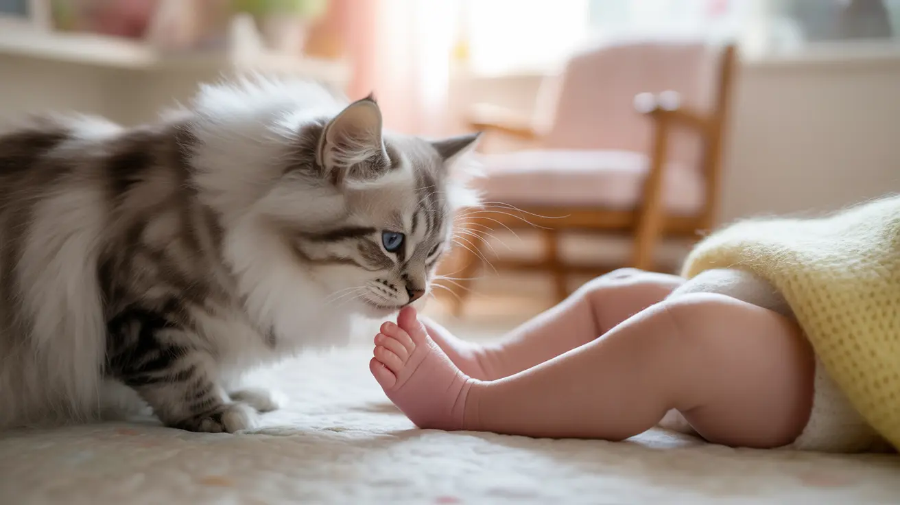 A fluffy Siberian cat sitting close to a baby's foot on a soft surface