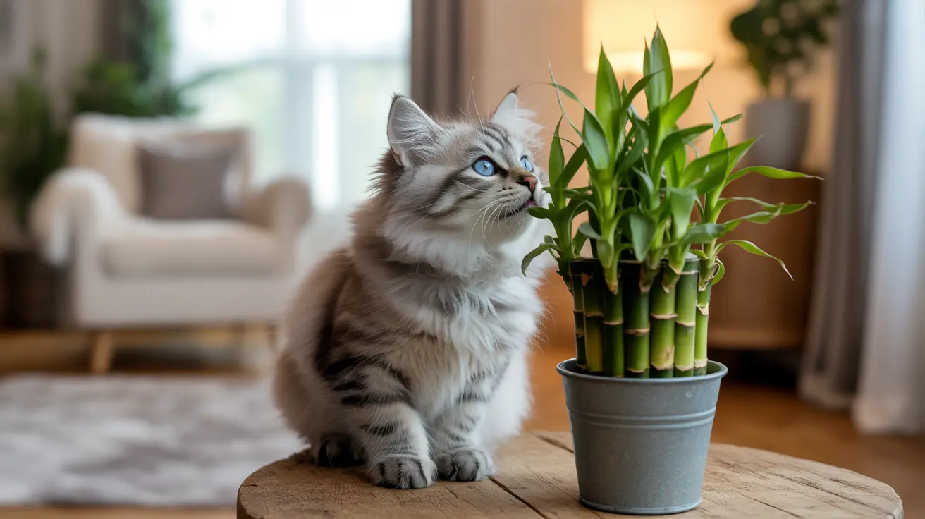 A fluffy Siberian cat sitting next to a bamboo plant on a wooden surface in a cozy living room