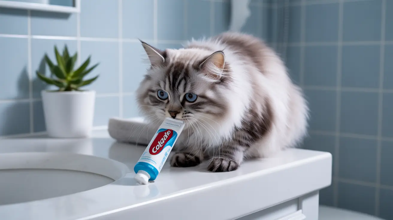 A fluffy Siberian cat sitting on a bathroom counter next to a Colgate toothpaste tube
