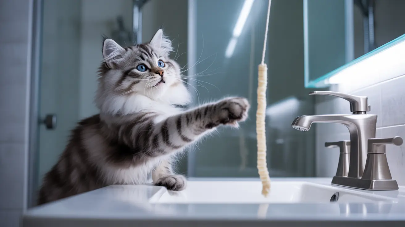 A fluffy Siberian cat reaching out to a hanging string toy in a modern bathroom