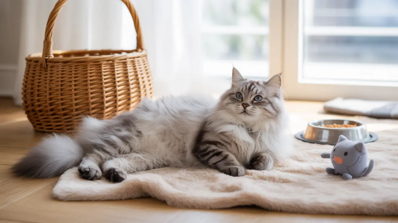 A fluffy Siberian cat lounging comfortably on a soft beige blanket near a window