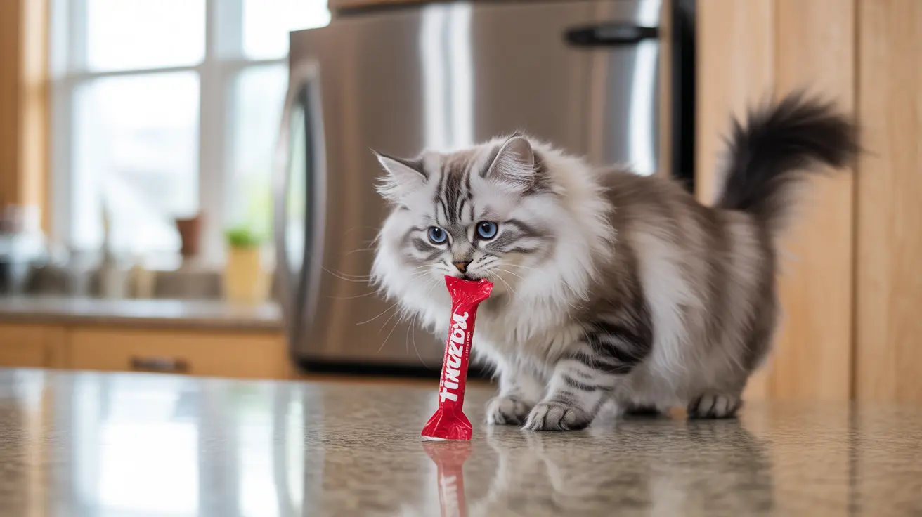 Un gato siberiano esponjoso mordiendo un premio rojo de Tiwazok en una encimera de cocina