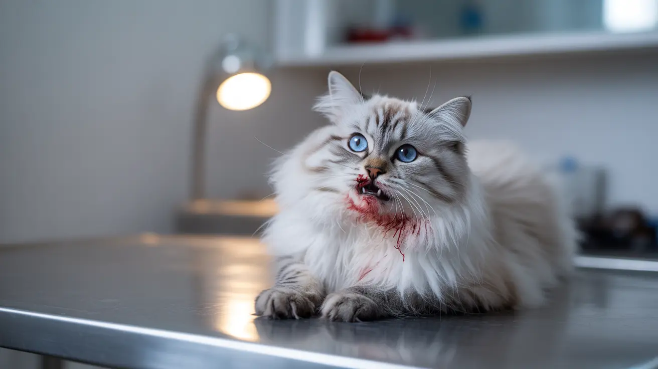 A white and gray Siberian cat with bright blue eyes on a metal surface with blood around its mouth