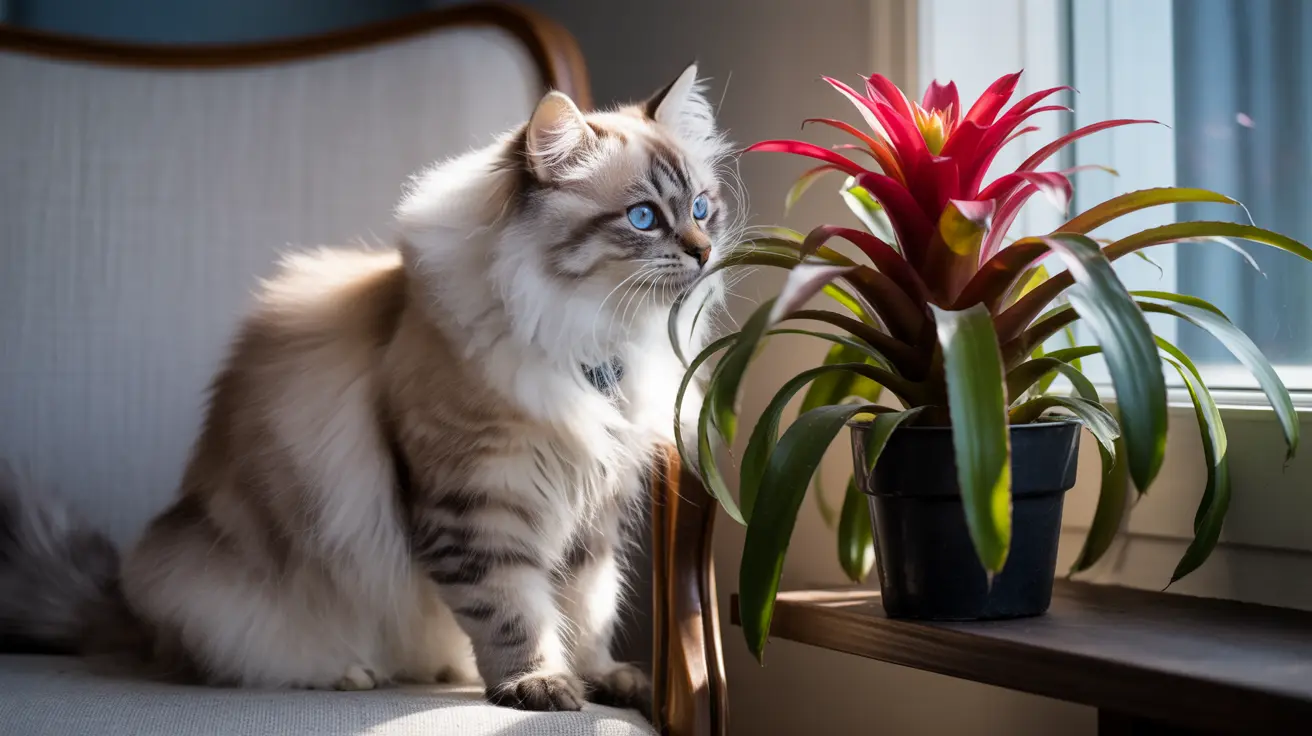 A fluffy Siberian cat with striking blue eyes sitting near a vibrant red bromeliad plant by a window