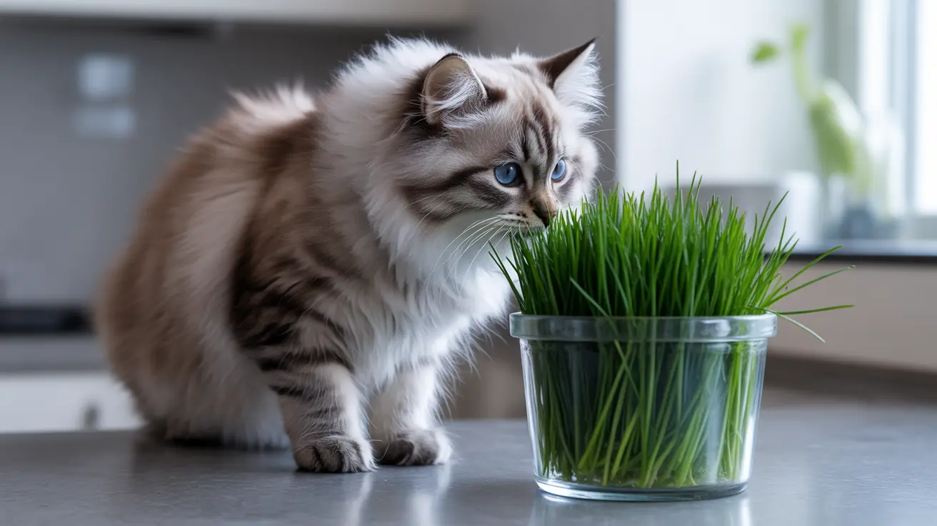 A fluffy Siberian cat with striking blue eyes examining a pot of fresh green cat grass