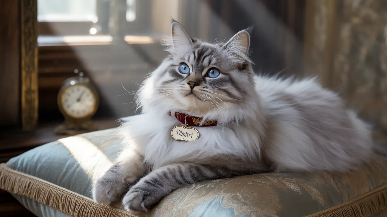 A stunning Siberian cat with blue eyes on an elegant chair near a vintage clock