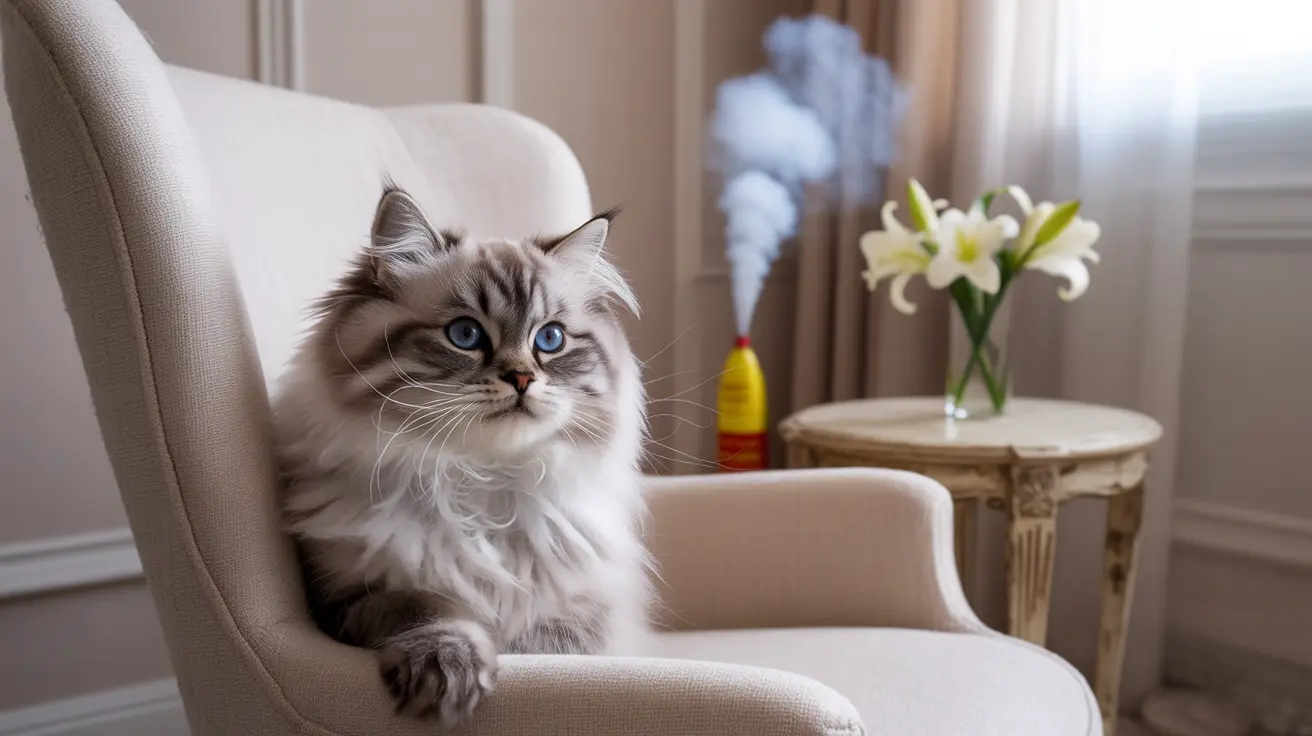 A majestic Siberian cat with striking blue eyes sitting regally on a beige armchair in an elegant living room