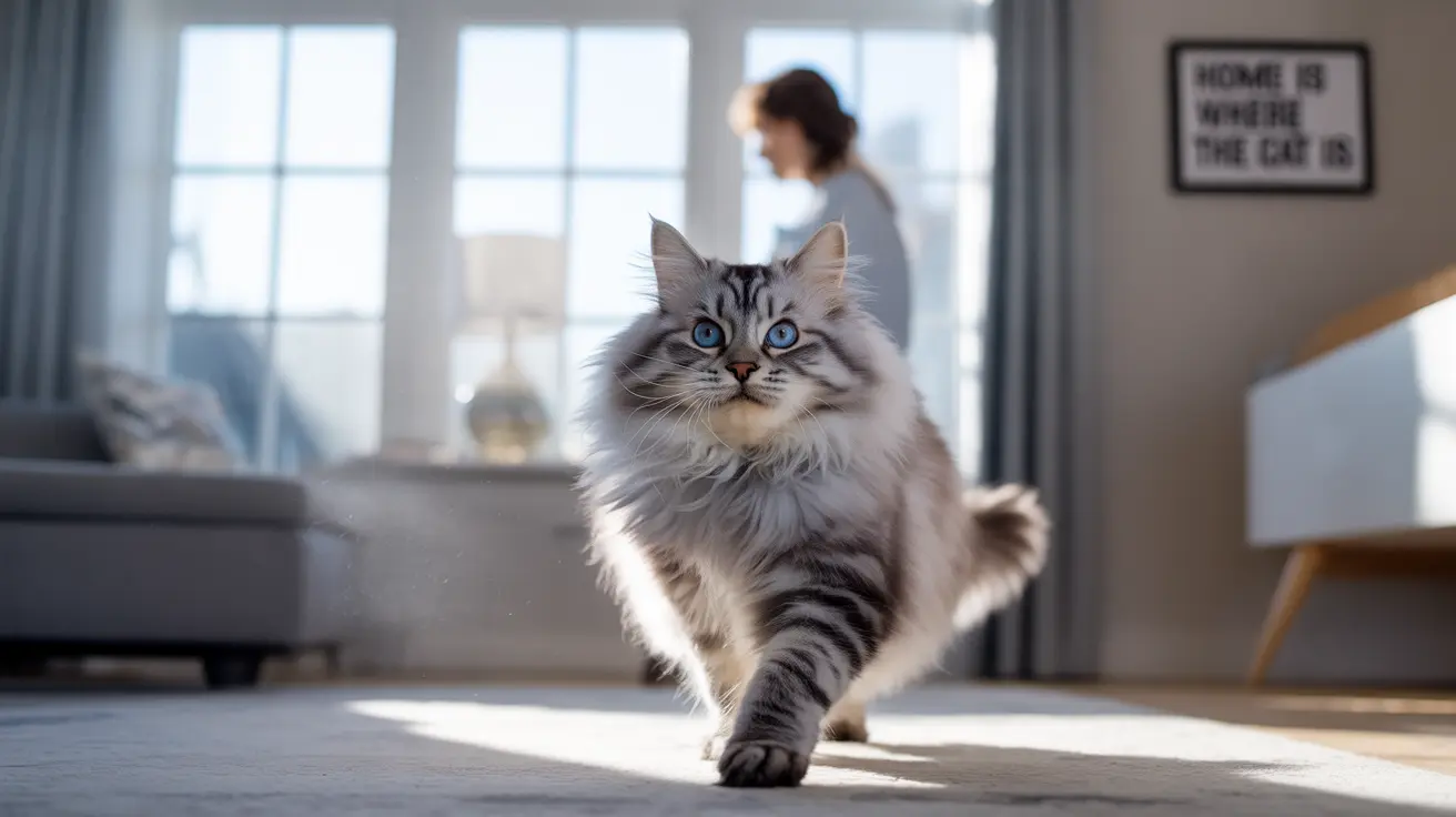 A fluffy Siberian cat with blue eyes walking on a sunlit floor