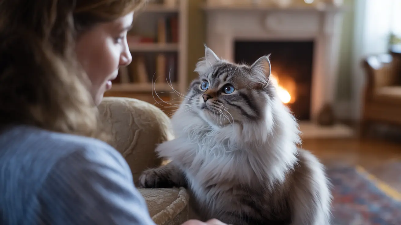 Un gato siberiano de pelaje esponjoso y ojos azules impresionantes está sentado en una silla acogedora junto a una chimenea, luciendo alerta y majestuoso.
