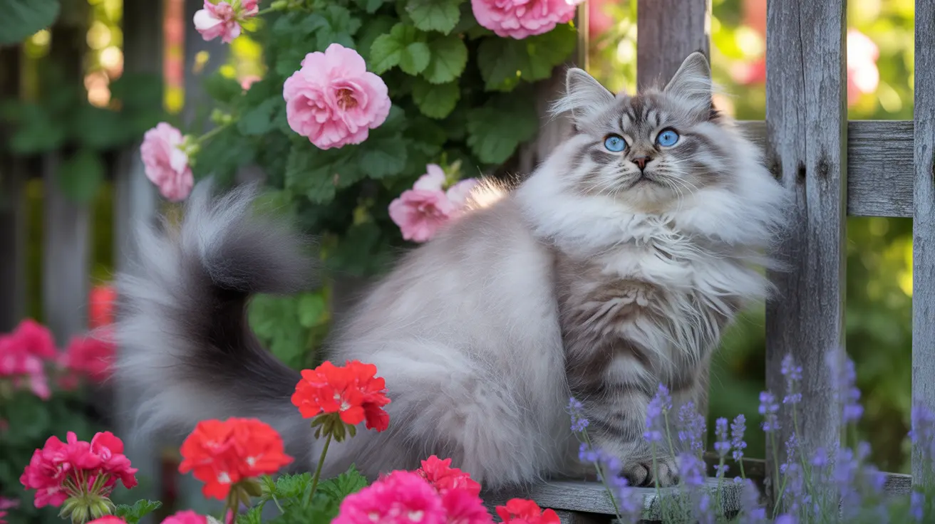 A fluffy Siberian cat with striking blue eyes sitting elegantly next to a wooden fence surrounded by vibrant pink and red flowers