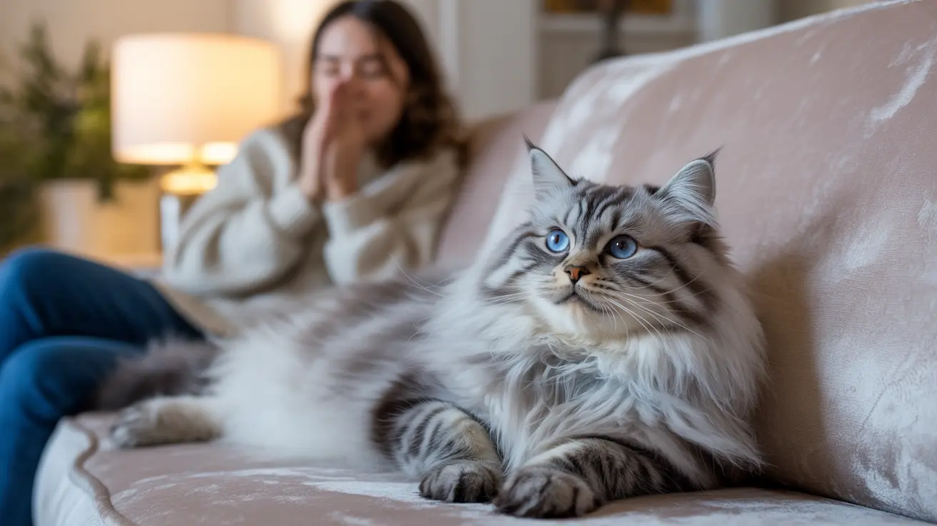 A fluffy Siberian cat with striking blue eyes sitting on a soft couch with a blurred figure in the background