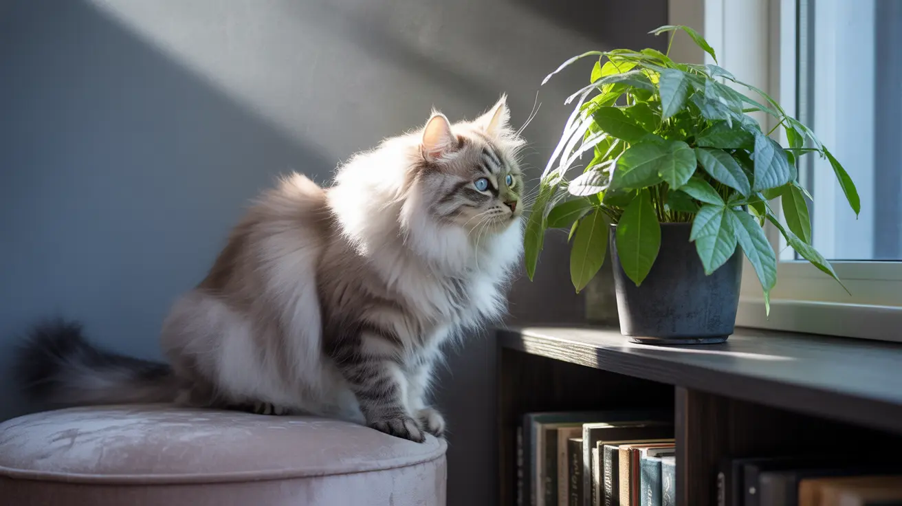 A fluffy Siberian cat with blue eyes on a gray cushion near a houseplant.