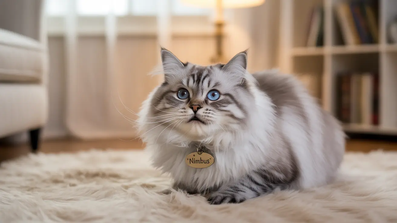 Fluffy white and gray Siberian cat with blue eyes named 'Nimbus' on a beige rug