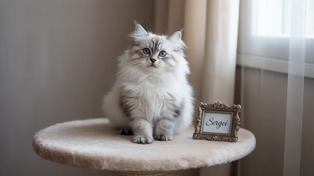 A fluffy white Siberian cat with striking blue eyes sitting elegantly on a soft beige cushion