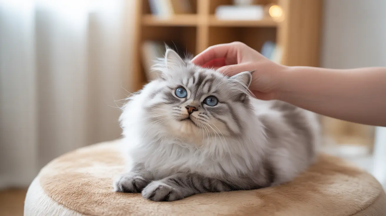 Un gato siberiano blanco y gris de ojos azules llamativos, sentado sobre un cojín beige, siendo acariciado suavemente.