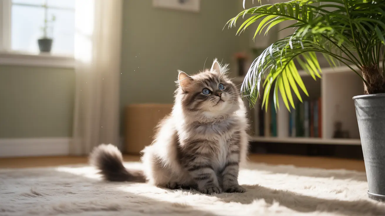 A fluffy Siberian cat with striking blue eyes sitting elegantly on a soft rug near a houseplant.