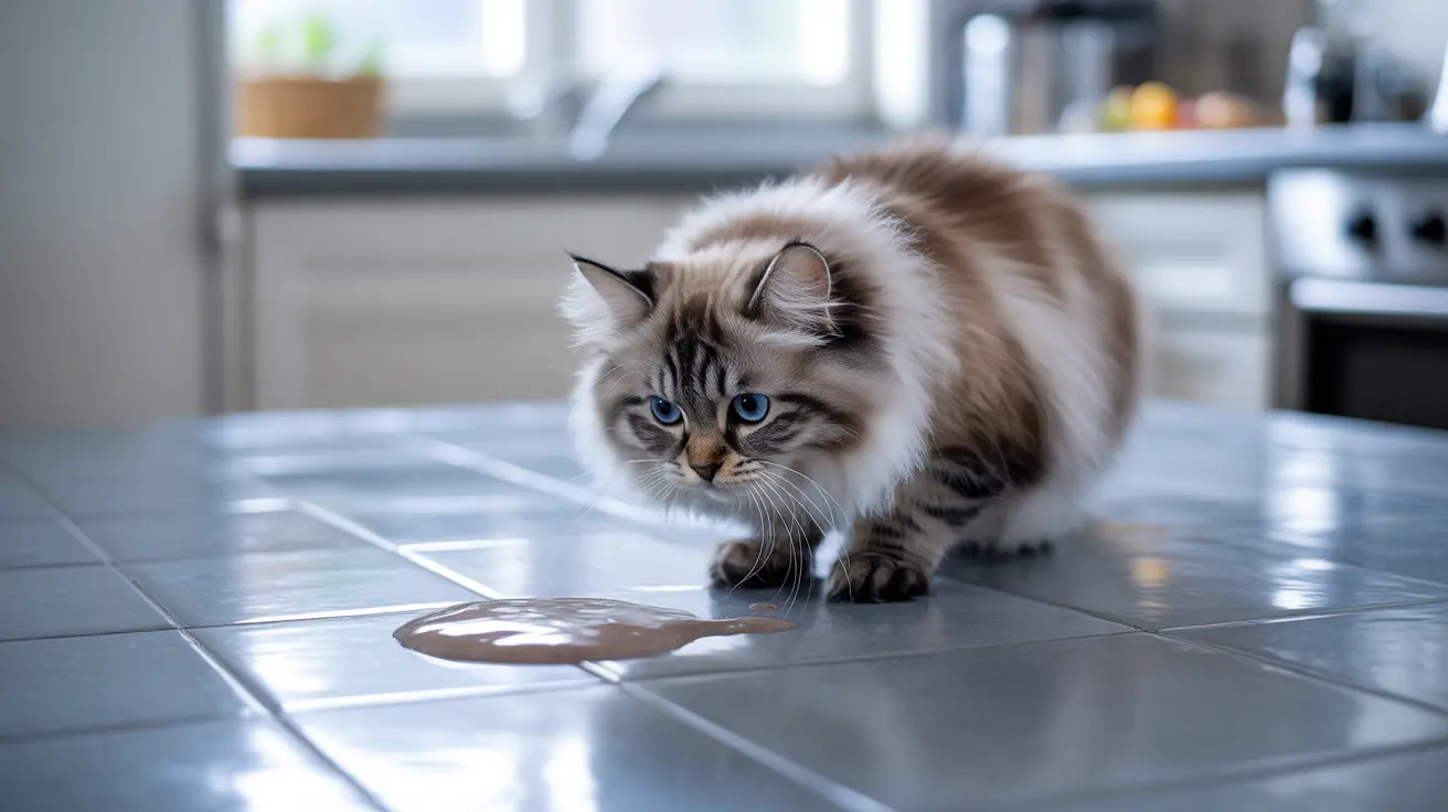 A fluffy Siberian cat with blue eyes on a tiled kitchen floor near a spilled liquid