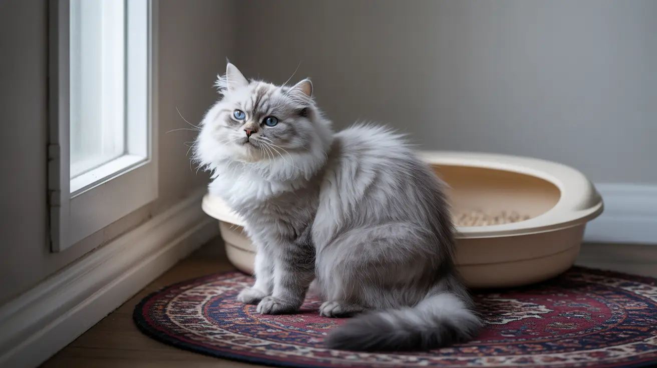 A fluffy white and gray Siberian cat with blue eyes near a window and litter box