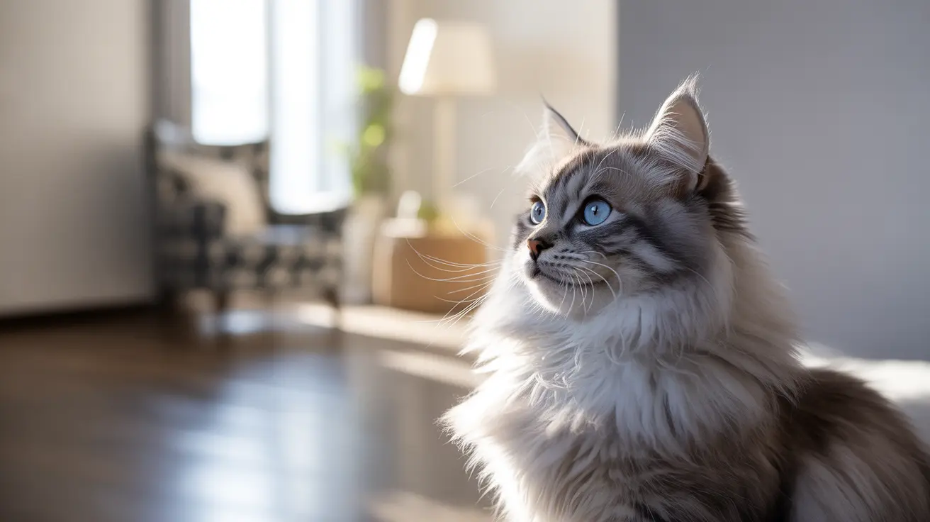 Un majestuoso gato siberiano con impresionantes ojos azules sentado cerca de una ventana, bañado por una suave luz natural.