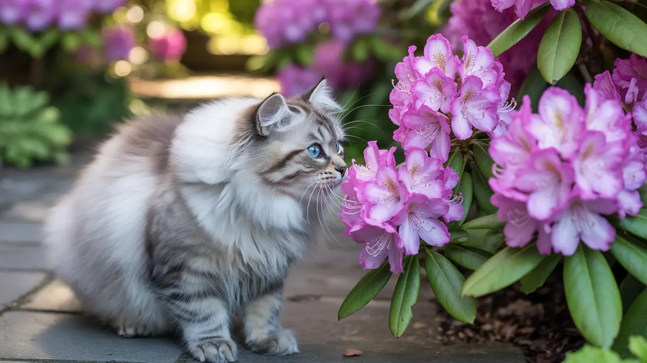 A fluffy Siberian cat with blue eyes sitting next to vibrant pink rhododendron flowers in a garden setting.