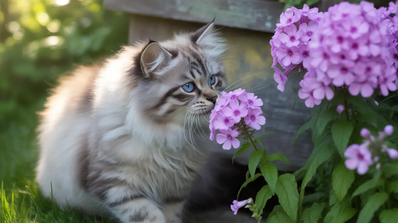 A fluffy Siberian cat with striking blue eyes sitting near vibrant purple phlox flowers in a garden setting