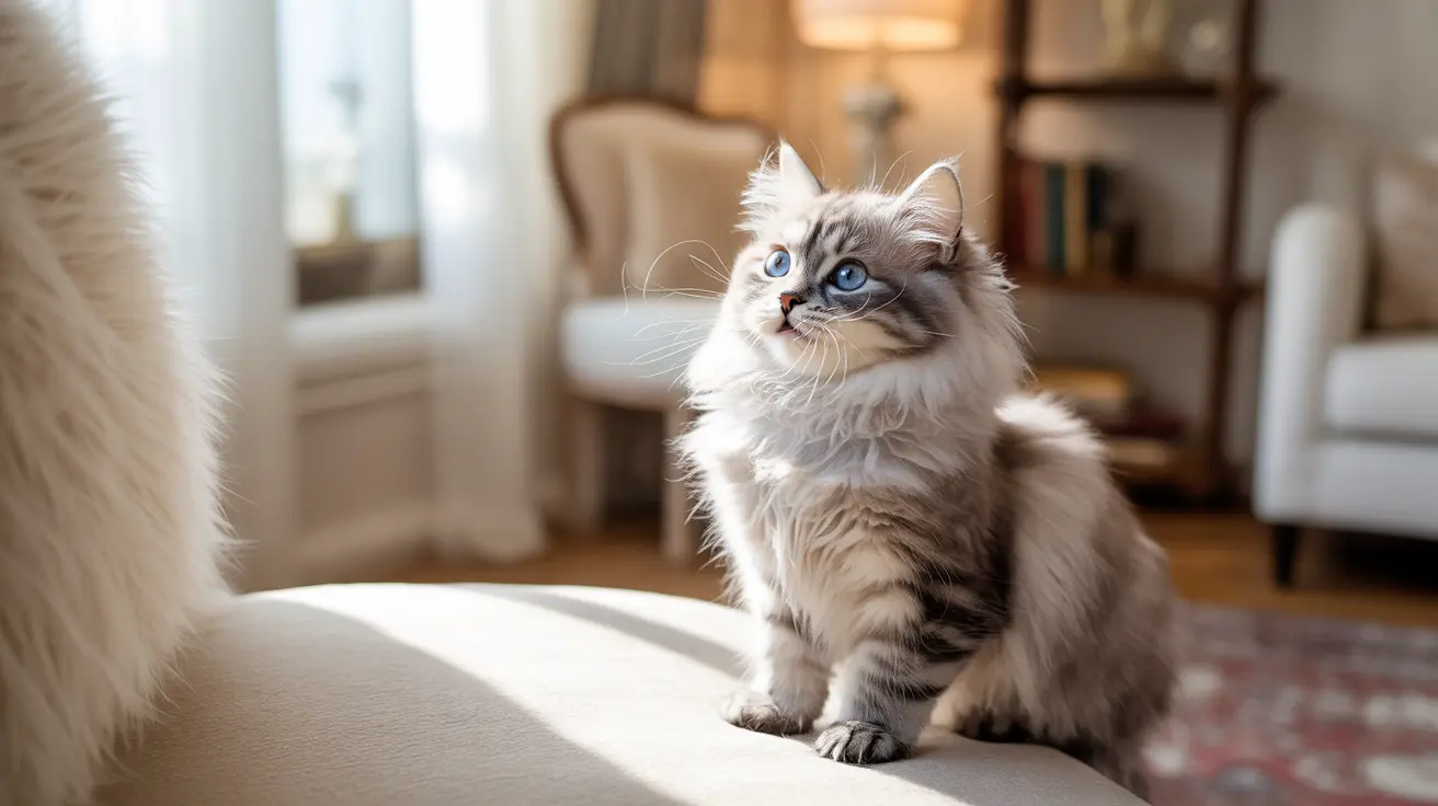 A fluffy white and gray Siberian cat with striking blue eyes sitting on a chair