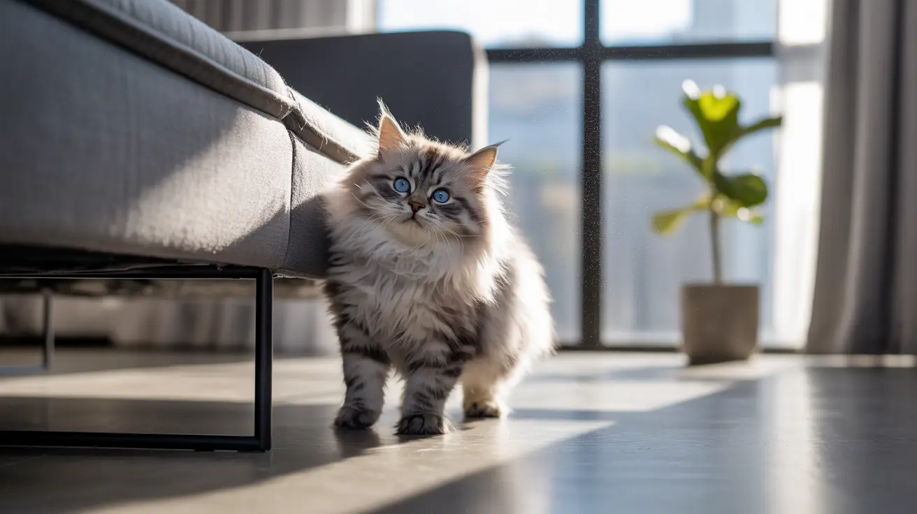 A fluffy Siberian cat with bright blue eyes standing near a couch in a sunlit room