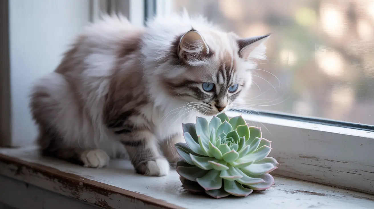 Un gato siberiano esponjoso con ojos azules sentado en un alféizar de ventana junto a una planta suculenta.