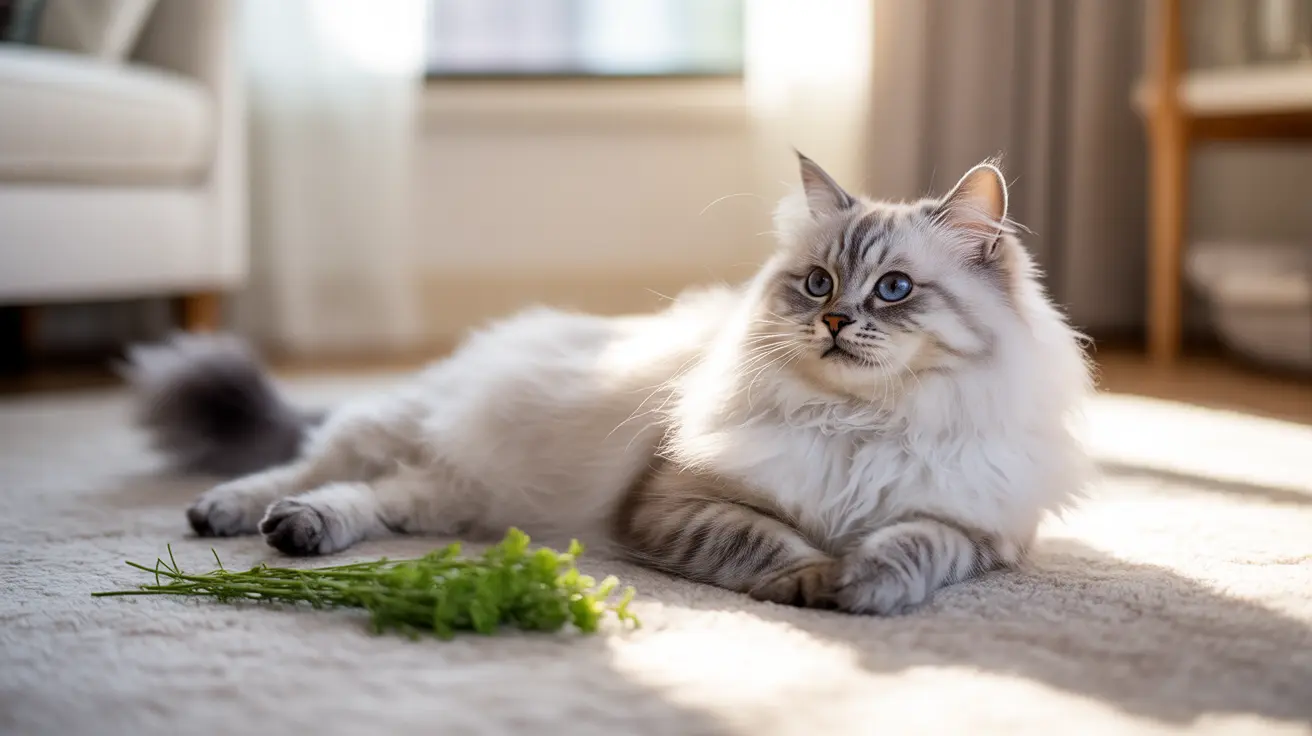 白とグレーの被毛を持つふわふわしたシベリアン猫が、鮮やかな青い目で日差しの差し込む窓辺のカーペットの上でくつろいでいる様子