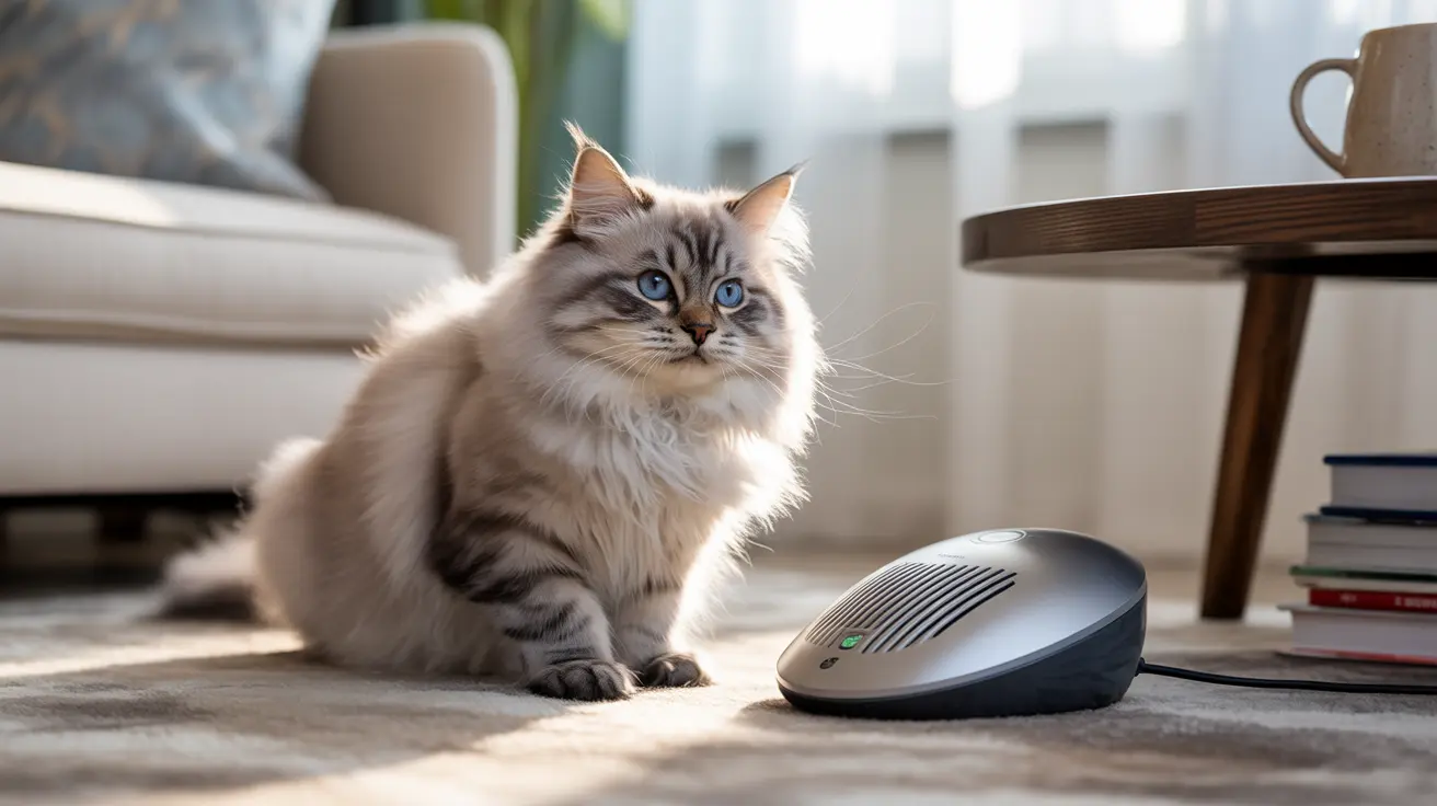 A fluffy Siberian cat with striking blue eyes sitting on a carpet near an electronic device