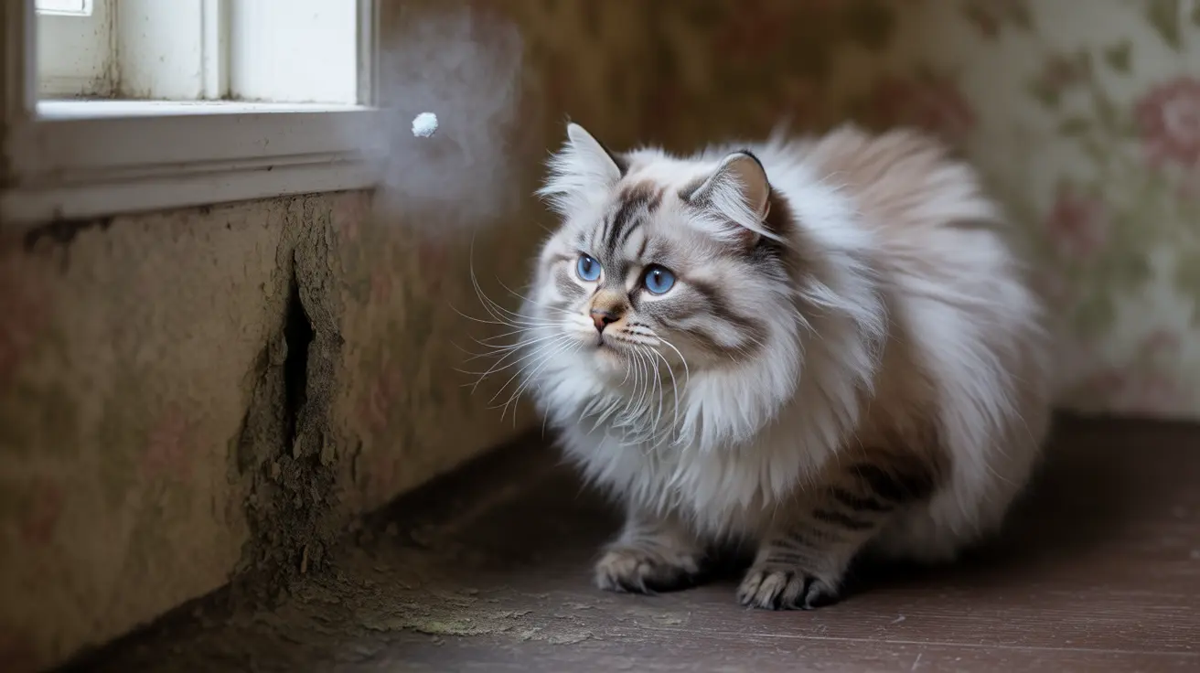 A fluffy white and grey Siberian cat with striking blue eyes sitting near a window