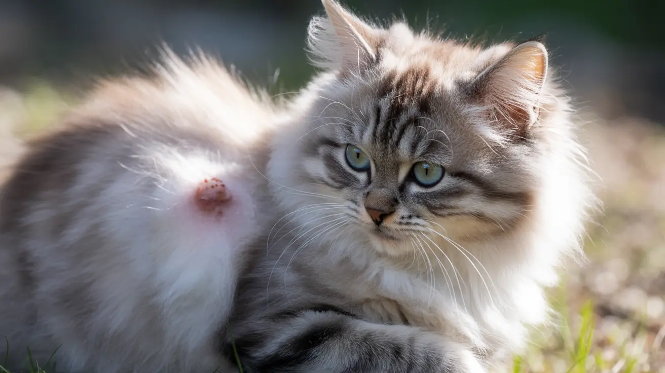 Fluffy Siberian cat with blue-green eyes sitting outdoors with blurred background